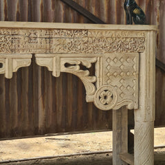 Hand-Carved Solid Wood Console Table with Floral & Architectural Motifs | Rustic Whitewash Entryway, Hallway & Living Room Accent Table