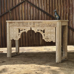 Hand-Carved Solid Wood Console Table with Floral & Architectural Motifs | Rustic Whitewash Entryway, Hallway & Living Room Accent Table