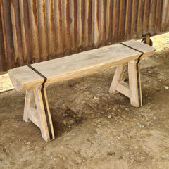 Handcrafted Rustic Solid Wood Bench with Iron Reinforcement Straps | Farmhouse Dining, Entryway & Accent Seating Bench