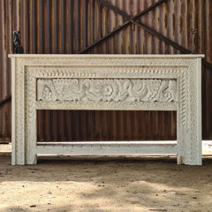 Vintage Hand-Carved Peacock Console Table | Solid Wood Whitewash Entryway Table with Storage Shelf