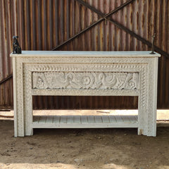 Vintage Hand-Carved Peacock Console Table | Solid Wood Whitewash Entryway Table with Storage Shelf