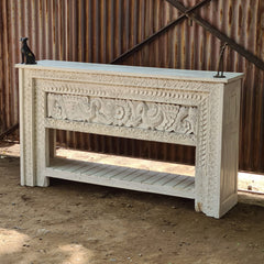 Vintage Hand-Carved Peacock Console Table | Solid Wood Whitewash Entryway Table with Storage Shelf