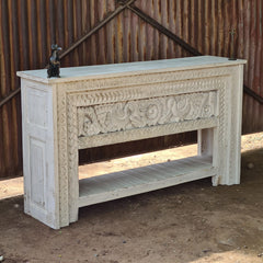 Vintage Hand-Carved Peacock Console Table | Solid Wood Whitewash Entryway Table with Storage Shelf