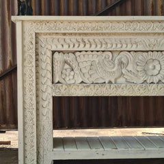 Vintage Hand-Carved Peacock Console Table | Solid Wood Whitewash Entryway Table with Storage Shelf