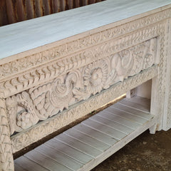 Vintage Hand-Carved Peacock Console Table | Solid Wood Whitewash Entryway Table with Storage Shelf
