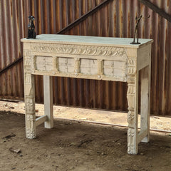 Hand-Carved Solid Wood Console Table with Whitewash Finish | Rustic Entryway Table | Decorative Hallway Sofa Table | Farmhouse Accent Furniture