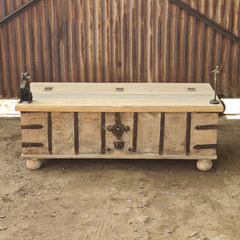 HHandcrafted Vintage Wooden Storage Trunk Coffee Table with Iron Hardware | Rustic Heritage Chest Table for Living Room