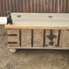 HHandcrafted Vintage Wooden Storage Trunk Coffee Table with Iron Hardware | Rustic Heritage Chest Table for Living Room