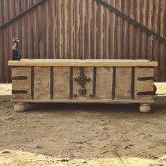 HHandcrafted Vintage Wooden Storage Trunk Coffee Table with Iron Hardware | Rustic Heritage Chest Table for Living Room