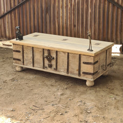 HHandcrafted Vintage Wooden Storage Trunk Coffee Table with Iron Hardware | Rustic Heritage Chest Table for Living Room