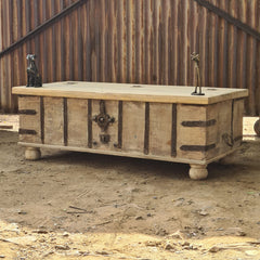 HHandcrafted Vintage Wooden Storage Trunk Coffee Table with Iron Hardware | Rustic Heritage Chest Table for Living Room