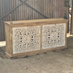 Handcrafted Solid Wood Sideboard Cabinet with Intricate Mandala Carved Doors | Rustic Storage Cabinet for Living Room, Dining Room & Entryway
