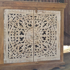 Handcrafted Solid Wood Sideboard Cabinet with Intricate Mandala Carved Doors | Rustic Storage Cabinet for Living Room, Dining Room & Entryway