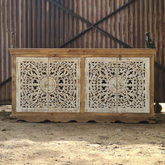 Handcrafted Solid Wood Sideboard Cabinet with Intricate Mandala Carved Doors | Rustic Storage Cabinet for Living Room, Dining Room & Entryway