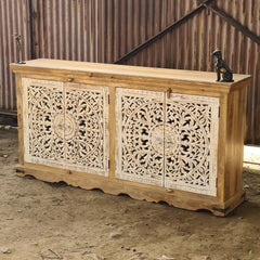 Handcrafted Solid Wood Sideboard Cabinet with Intricate Mandala Carved Doors | Rustic Storage Cabinet for Living Room, Dining Room & Entryway