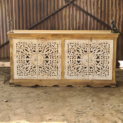 Handcrafted Solid Wood Sideboard Cabinet with Intricate Mandala Carved Doors | Rustic Storage Cabinet for Living Room, Dining Room & Entryway