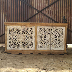 Handcrafted Solid Wood Sideboard Cabinet with Intricate Mandala Carved Doors | Rustic Storage Cabinet for Living Room, Dining Room & Entryway