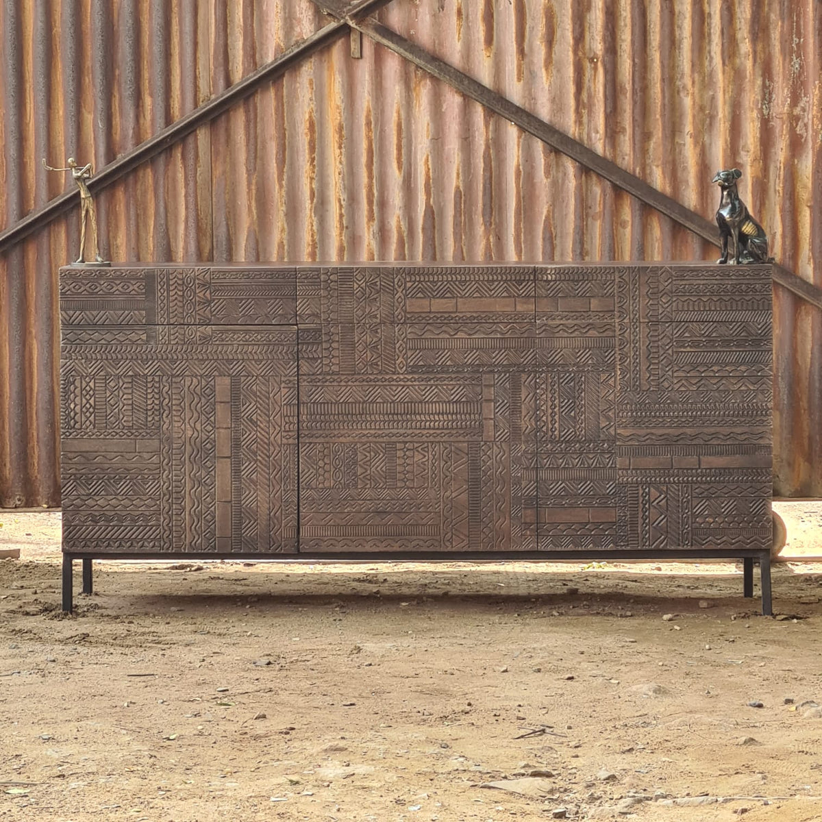Handcrafted Geometric Carved Sideboard Cabinet | Solid Wood Buffet Cabinet with Tribal Pattern Doors & Metal Base | Modern Rustic Storage Console for Living Room