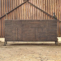 Handcrafted Geometric Carved Sideboard Cabinet | Solid Wood Buffet Cabinet with Tribal Pattern Doors & Metal Base | Modern Rustic Storage Console for Living Room