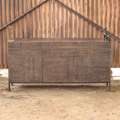 Handcrafted Geometric Carved Sideboard Cabinet | Solid Wood Buffet Cabinet with Tribal Pattern Doors & Metal Base | Modern Rustic Storage Console for Living Room