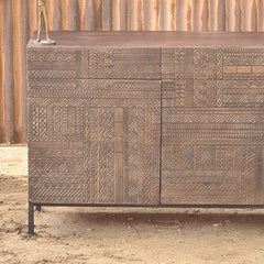 Handcrafted Geometric Carved Sideboard Cabinet | Solid Wood Buffet Cabinet with Tribal Pattern Doors & Metal Base | Modern Rustic Storage Console for Living Room
