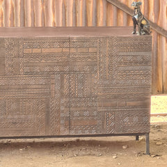 Handcrafted Geometric Carved Sideboard Cabinet | Solid Wood Buffet Cabinet with Tribal Pattern Doors & Metal Base | Modern Rustic Storage Console for Living Room