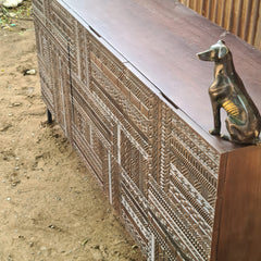 Handcrafted Geometric Carved Sideboard Cabinet | Solid Wood Buffet Cabinet with Tribal Pattern Doors & Metal Base | Modern Rustic Storage Console for Living Room