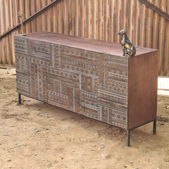 Handcrafted Geometric Carved Sideboard Cabinet | Solid Wood Buffet Cabinet with Tribal Pattern Doors & Metal Base | Modern Rustic Storage Console for Living Room