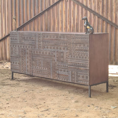 Handcrafted Geometric Carved Sideboard Cabinet | Solid Wood Buffet Cabinet with Tribal Pattern Doors & Metal Base | Modern Rustic Storage Console for Living Room