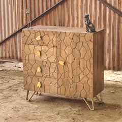 Modern Geometric Wooden Chest of Drawers – Solid Wood Storage Cabinet with Gold Metal Legs | Contemporary Bedroom Dresser & Living Room Storage Unit