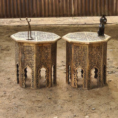 Set of 2 Hand-Carved Wooden Accent Tables | Moroccan Style Side Tables | Rustic Solid Wood End Tables | Boho Living Room Furniture