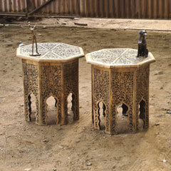 Set of 2 Hand-Carved Wooden Accent Tables | Moroccan Style Side Tables | Rustic Solid Wood End Tables | Boho Living Room Furniture