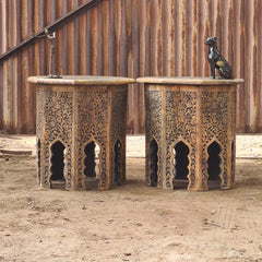 Set of 2 Hand-Carved Wooden Accent Tables | Moroccan Style Side Tables | Rustic Solid Wood End Tables | Boho Living Room Furniture