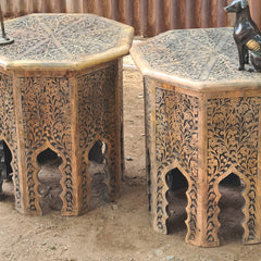 Set of 2 Hand-Carved Wooden Accent Tables | Moroccan Style Side Tables | Rustic Solid Wood End Tables | Boho Living Room Furniture