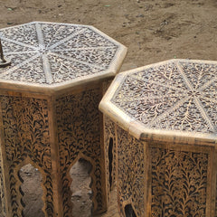Set of 2 Hand-Carved Wooden Accent Tables | Moroccan Style Side Tables | Rustic Solid Wood End Tables | Boho Living Room Furniture
