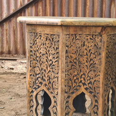 Set of 2 Hand-Carved Wooden Accent Tables | Moroccan Style Side Tables | Rustic Solid Wood End Tables | Boho Living Room Furniture