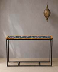 Hand-Painted Wooden & Metal Console Table – Floral Accent Console | Rustic Industrial Entryway, Hallway & Living Room Table