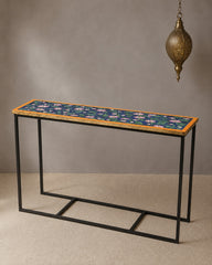 Hand-Painted Wooden & Metal Console Table – Floral Accent Console | Rustic Industrial Entryway, Hallway & Living Room Table