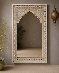 Whitewash Arch Mirror – Hand-Carved Wooden Statement Mirror for Living Room, Bedroom & Entryway