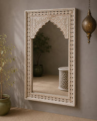 Whitewash Arch Mirror – Hand-Carved Wooden Statement Mirror for Living Room, Bedroom & Entryway