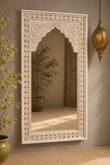 Whitewash Arch Mirror – Hand-Carved Wooden Statement Mirror for Living Room, Bedroom & Entryway