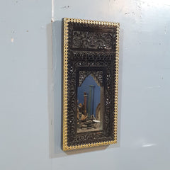 Vintage Hand Carved Wooden Wall Mirror – Dark Walnut Finish with Gold Trim | Traditional Indian Accent Mirror