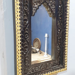Vintage Hand Carved Wooden Wall Mirror – Dark Walnut Finish with Gold Trim | Traditional Indian Accent Mirror
