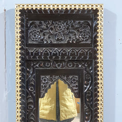 Vintage Hand Carved Wooden Wall Mirror – Dark Walnut Finish with Gold Trim | Traditional Indian Accent Mirror