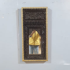 Vintage Hand Carved Wooden Wall Mirror – Dark Walnut Finish with Gold Trim | Traditional Indian Accent Mirror