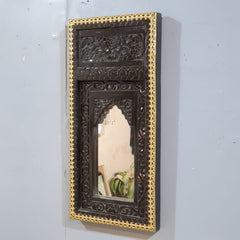 Vintage Hand Carved Wooden Wall Mirror – Dark Walnut Finish with Gold Trim | Traditional Indian Accent Mirror