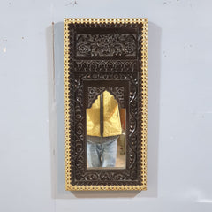 Vintage Hand Carved Wooden Wall Mirror – Dark Walnut Finish with Gold Trim | Traditional Indian Accent Mirror