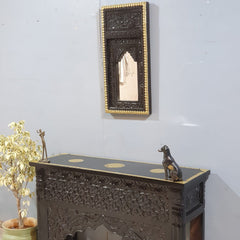 Vintage Hand Carved Wooden Wall Mirror – Dark Walnut Finish with Gold Trim | Traditional Indian Accent Mirror