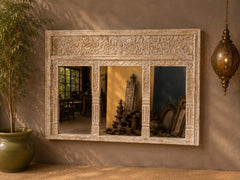 Hand-Carved Whitewash Wooden Window Mirror – Large Decorative Wall Mirror | Rustic Farmhouse Boho Living Room Decor