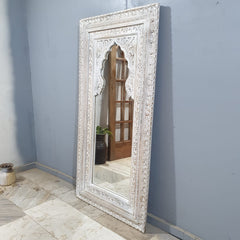 Hand-Carved Whitewash Moroccan Wall Mirror – Rustic Wooden Full Length Mirror | Boho Farmhouse Bedroom & Entryway Decor